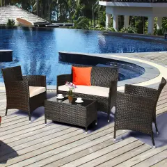 4 Pieces Comfortable Outdoor Rattan Sofa Set With Glass Coffee Table Grey and Beige