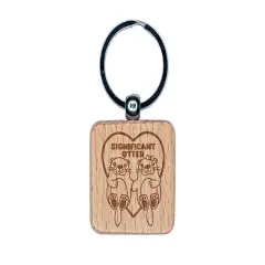 Significant Otter Other Holding Hands Love Anniversary Valentine's Day Engraved Wood Square Keychain Tag Charm