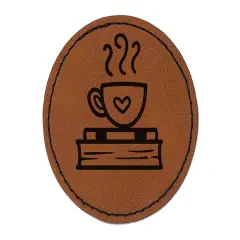 Coffee Sitting on Stack of Books Reading Round Iron-On Engraved Faux Leather Patch Applique - 2.5" Brown