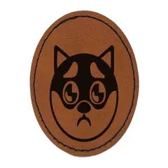 Husky Dog Face Puppy Eyes Round Iron-On Engraved Faux Leather Patch Applique - 2.5" Brown