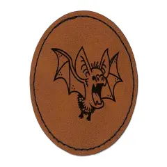 Fuzzy Little Cartoon Bat Halloween Round Iron-On Engraved Faux Leather Patch Applique - 2.5" Brown