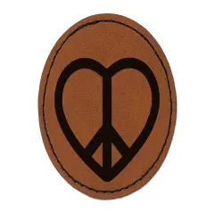 Peace Symbol in Heart Round Iron-On Engraved Faux Leather Patch Applique - 2.5" Brown