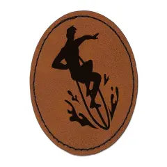 Surfer Surfing Man Silhouette Round Iron-On Engraved Faux Leather Patch Applique - 2.5" Brown