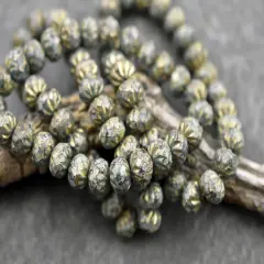 *25* 6x9mm Gold Washed Etched Pacific Blue Picasso Cruller Rondelle Beads