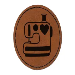 Sewing Machine with Heart Round Iron-On Engraved Faux Leather Patch Applique - 2.5" Brown
