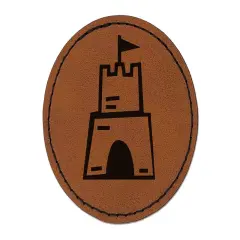Sand Castle Doodle Round Iron-On Engraved Faux Leather Patch Applique - 2.5" Brown