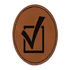Check in Checkbox Round Iron-On Engraved Faux Leather Patch Applique - 2.5" Brown