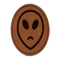 Sad Alien Emoticon Round Iron-On Engraved Faux Leather Patch Applique - 2.5" Brown