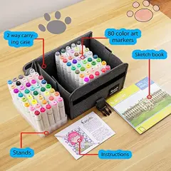 Alcohol Brush Markers 80 colors,Brush & Chisel Dual Tip Permanent Artist Sketch Marker Pens,with Carrying Case and Sketchbook