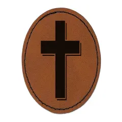 Cross with Shadow Christian Religion Round Iron-On Engraved Faux Leather Patch Applique - 2.5" Brown