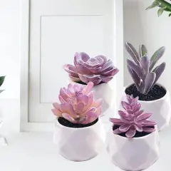 Mini Purple Fake Plants for Women Desk Faux Succulents in Pots Small Realistic Artificial Succulents for Home Office Decor