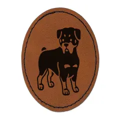 Rottweiler Rottie Standing Dog Round Iron-On Engraved Faux Leather Patch Applique - 2.5" Brown