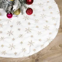 White Snow Embroidered Tree Skirt with gold snowflakes Fur Christmas Tree Skirt 35.9''