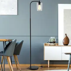 Industrial Floor Lamp with Glass Shade-Black