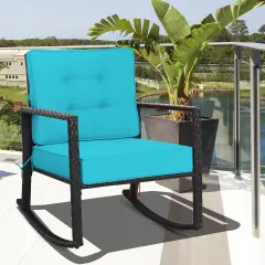 Costway Patio Rattan Rocker Chair Outdoor Glider Rocking Chair Cushion Lawn Turquoise