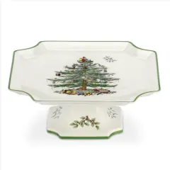 Christmas Tree Fine Porcelain 10 Inch Footed Square Cake Plate.