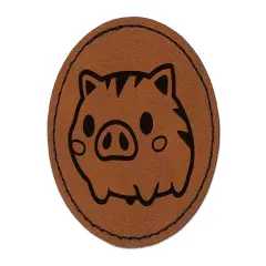 Fun Chibi Wild Boar Pig Swine Round Iron-On Engraved Faux Leather Patch Applique - 2.5" Brown