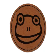 Cute Frog Face Round Iron-On Engraved Faux Leather Patch Applique - 2.5" Brown