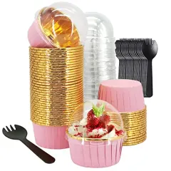 100 Sets Cupcake Liners And Wrapers With Lids ,5.5 Oz Large Foil Muffin Tins Or Liners,Disposable Baking Cups, Cupcake Wrappers Holders For Wedding Valentine-Pink in gold