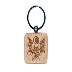 Runic Tribal Vampire Bat with Moon Engraved Wood Square Keychain Tag Charm