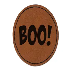 Boo Halloween Fun Text Round Iron-On Engraved Faux Leather Patch Applique - 2.5" Brown