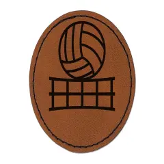 Volleyball and Net Round Iron-On Engraved Faux Leather Patch Applique - 2.5" Brown
