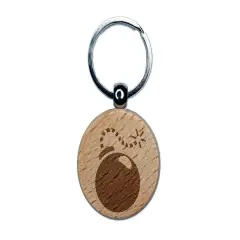 Cartoon Bomb with Fuse Engraved Wood Round Keychain Tag Charm