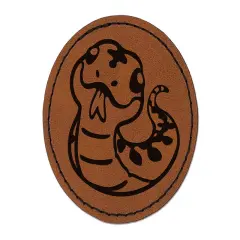 Sassy Snake with Tongue Sticking Out Round Iron-On Engraved Faux Leather Patch Applique - 2.5" Brown