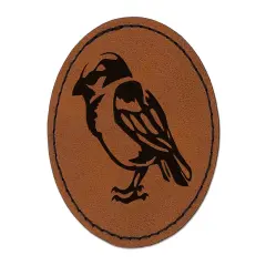 House Sparrow Little Bird Standing Round Iron-On Engraved Faux Leather Patch Applique - 2.5" Brown