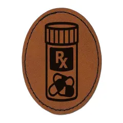 Prescription Pill Bottle Medicine Round Iron-On Engraved Faux Leather Patch Applique - 2.5" Brown