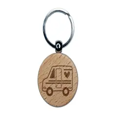 Mail Shipping Delivery Truck with Heart Engraved Wood Round Keychain Tag Charm