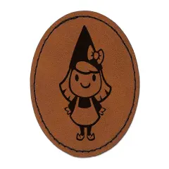 Cute Little Lady Gnome Round Iron-On Engraved Faux Leather Patch Applique - 2.5" Brown