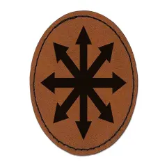 Chaos Symbol Arrows Pointing Out Round Iron-On Engraved Faux Leather Patch Applique - 2.5" Brown