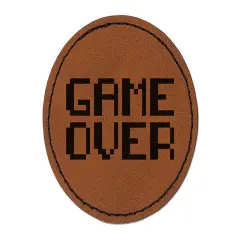Pixel Video Game Over Text Round Iron-On Engraved Faux Leather Patch Applique - 2.5" Brown