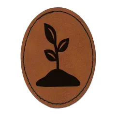 Seedling Growing Plant Round Iron-On Engraved Faux Leather Patch Applique - 2.5" Brown