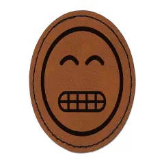 Grimace Face Sheepish Emoticon Round Iron-On Engraved Faux Leather Patch Applique - 2.5" Brown