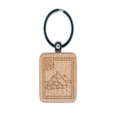 Pyramids of Giza Egypt Destination Travel Engraved Wood Square Keychain Tag Charm