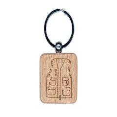 Fishing Vest Doodle Engraved Wood Square Keychain Tag Charm