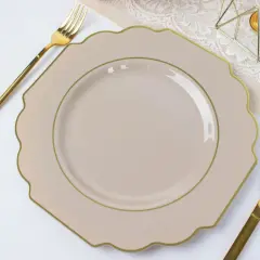 10 Pcs 12" Disposable Baroque Plastic Dinner Plates with Gold Rim Taupe w/gold