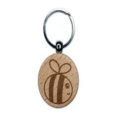Buzzy Bumble Bee Engraved Wood Round Keychain Tag Charm