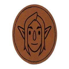 Elf Male Character Face Round Iron-On Engraved Faux Leather Patch Applique - 2.5" Brown
