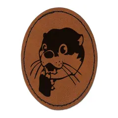 Shocked Surprised Otter Head Round Iron-On Engraved Faux Leather Patch Applique - 2.5" Brown