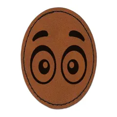 Cartoon Eyes Open Looking Forward Round Iron-On Engraved Faux Leather Patch Applique - 2.5" Brown