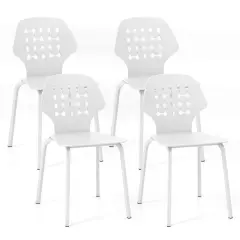 Costway Metal Dining Chair Set of 4 Armless Kitchen Hollowed Backrest & Metal Legs Blue/White