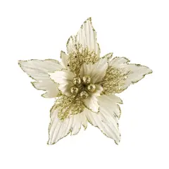 8" White Velvet Poinsettia Flower with Gold Trim