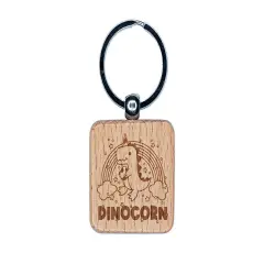 Dinocorn Dinosaur Unicorn with Rainbow Engraved Wood Square Keychain Tag Charm