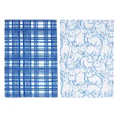 Blue Bunnies & Plaid Easter Spring Theme Kitchen Dishtowels Set of 2