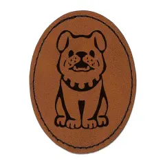 Smiling Bulldog Puppy Round Iron-On Engraved Faux Leather Patch Applique - 2.5" Brown