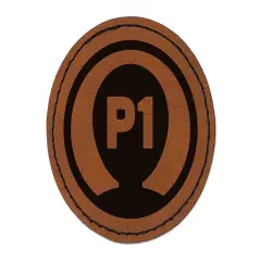 Player One Person Indicator Gaming Icon Round Iron-On Engraved Faux Leather Patch Applique - 2.5" Brown