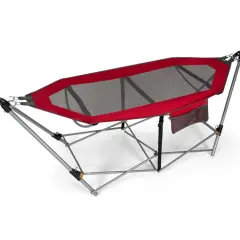 Outdoor Folding Hammock Bed with Breathable Fabric Metal Frame and Side Pocket Storage Red